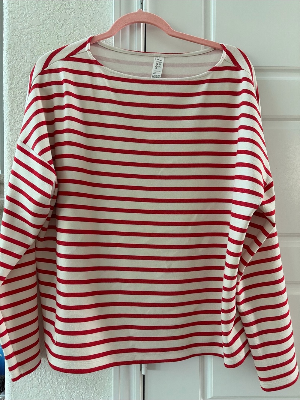 SPANX Red and Cream Striped Long Sleeve Boatneck Top